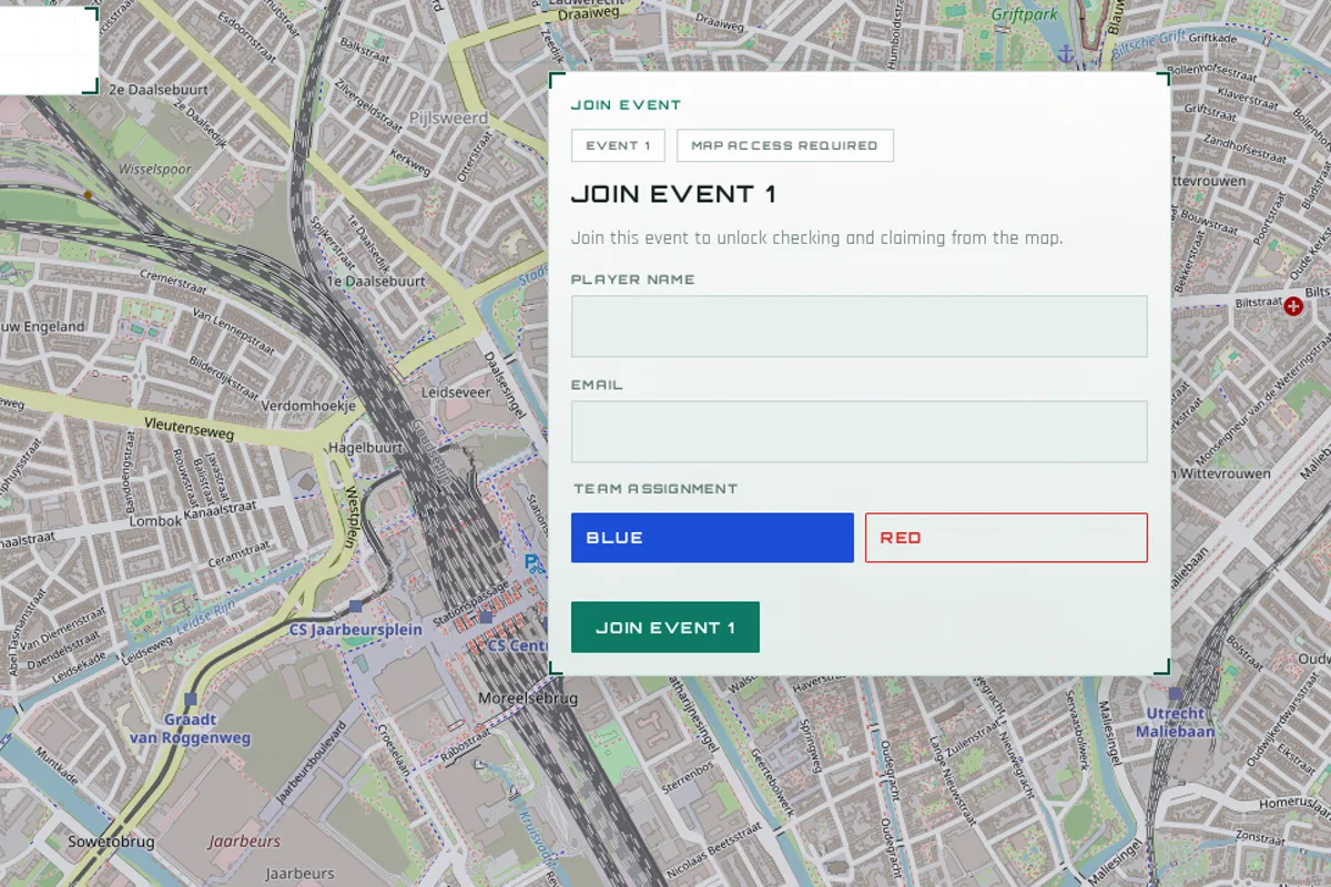 GeoClaim-eventkaart met teams en gebiedsclaims