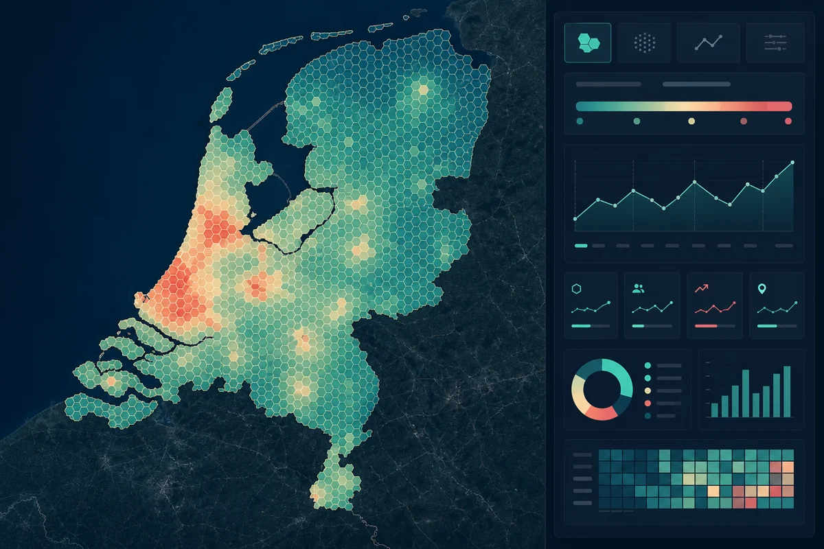 Kaart van Nederland met hexagonindeling en geografische analyses