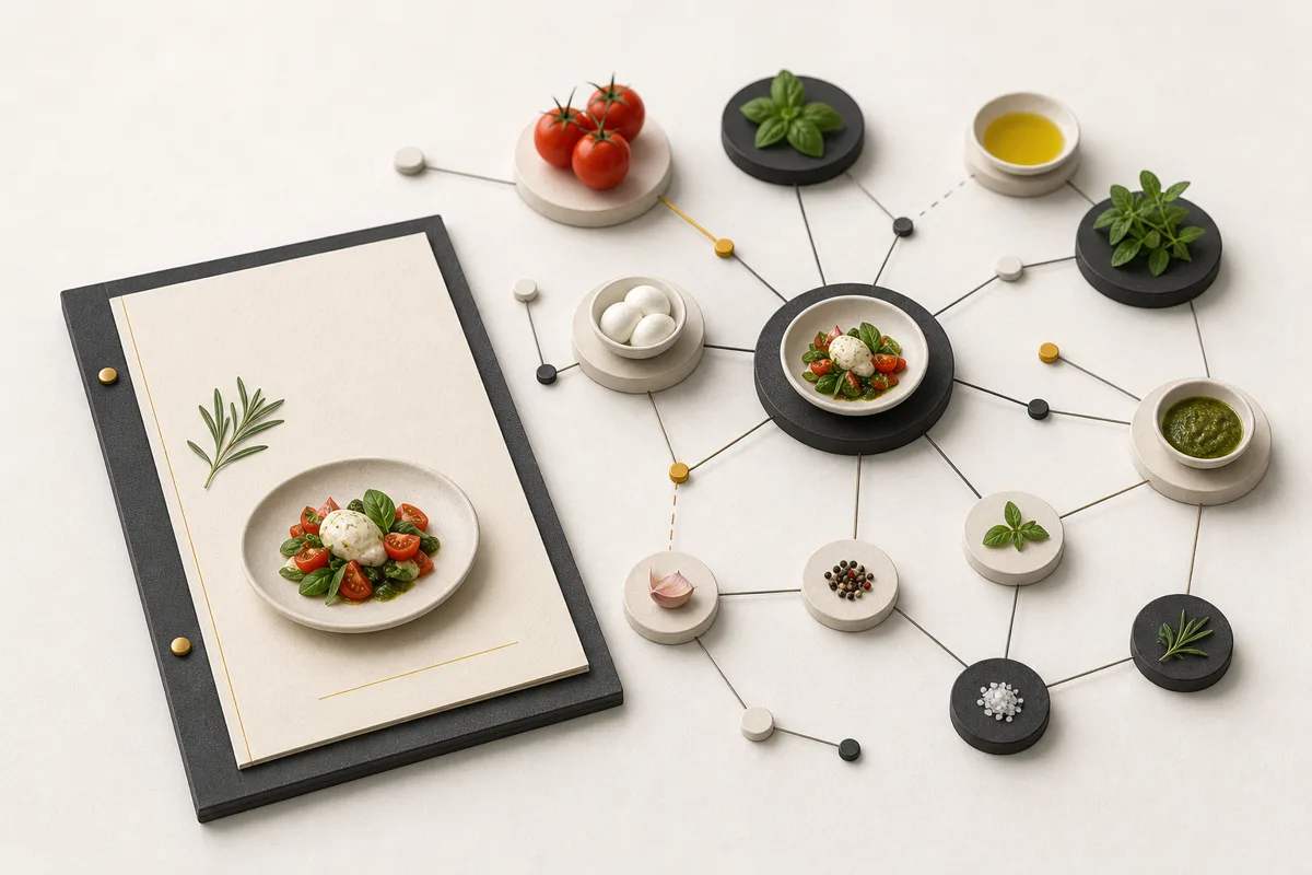 Maquette van een menukaart als netwerk van gerechten en ingredienten