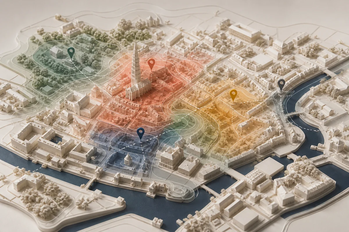 Maquette van een Europese stad met gekleurde activiteitsgebieden